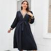 Women 's Casual Lantern Long Sleeve Dresses V-Neck Lace Stitched Plus Size Dress for Female Tie Up Mid-Length Dress Commuter Fashion Maxi Dresses