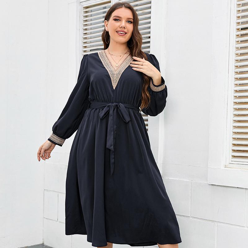 Women 's Casual Lantern Long Sleeve Dresses V-Neck Lace Stitched Plus Size Dress for Female Tie Up Mid-Length Dress Commuter Fashion Maxi Dresses