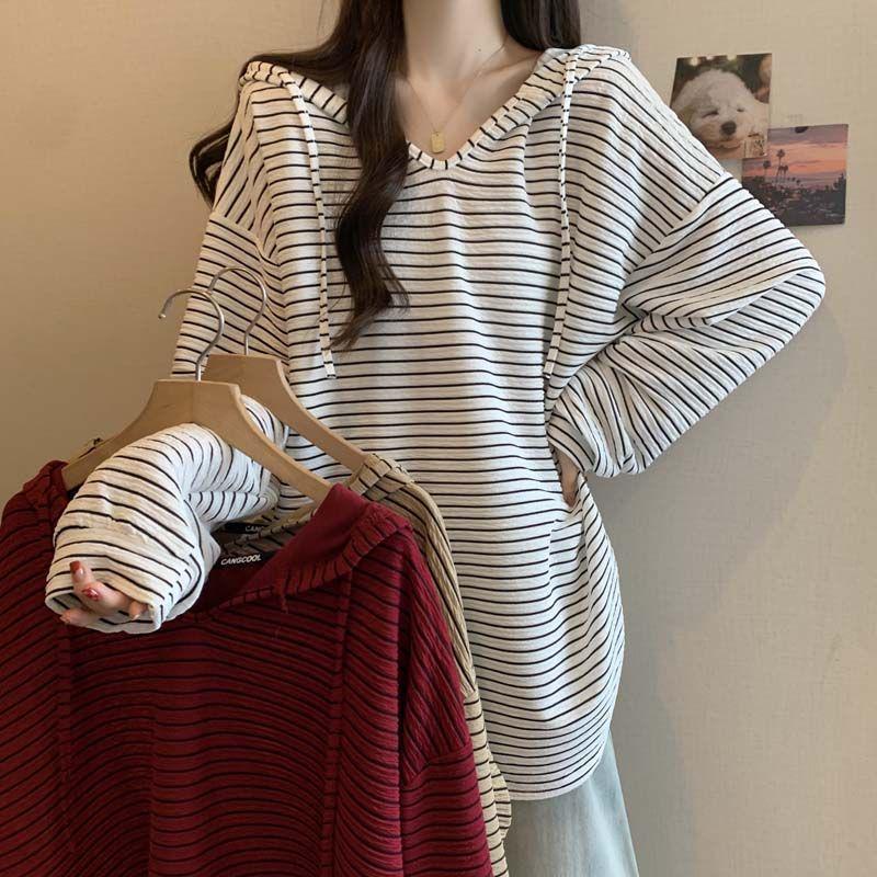 Plus Size Korean Striped Hooded Long Sleeve Slimming T-shirt: Women's 2025 Autumn Mid-length Top