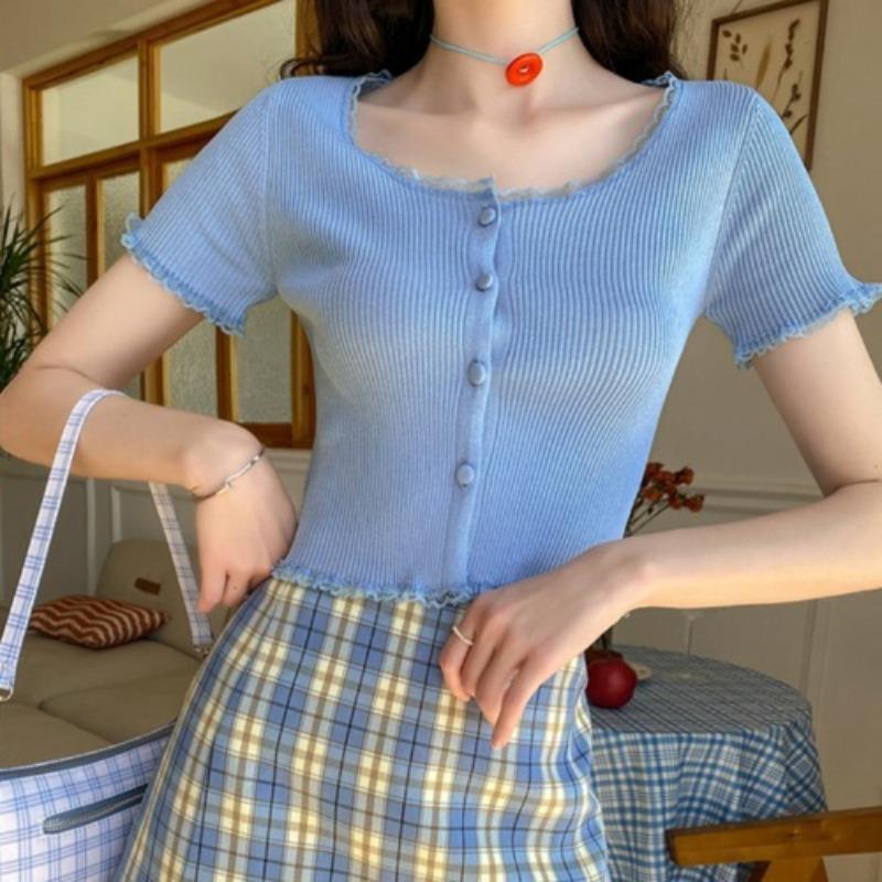 Yankee Strickpullover Jahr Damenmode Lila Spitzenstrickjacke Dünner Kurzer Abschnitt Schlanke Oberteile Lässiges Wesentliches Komfort und Stil Schlanke Passform Pullover T-Shirts