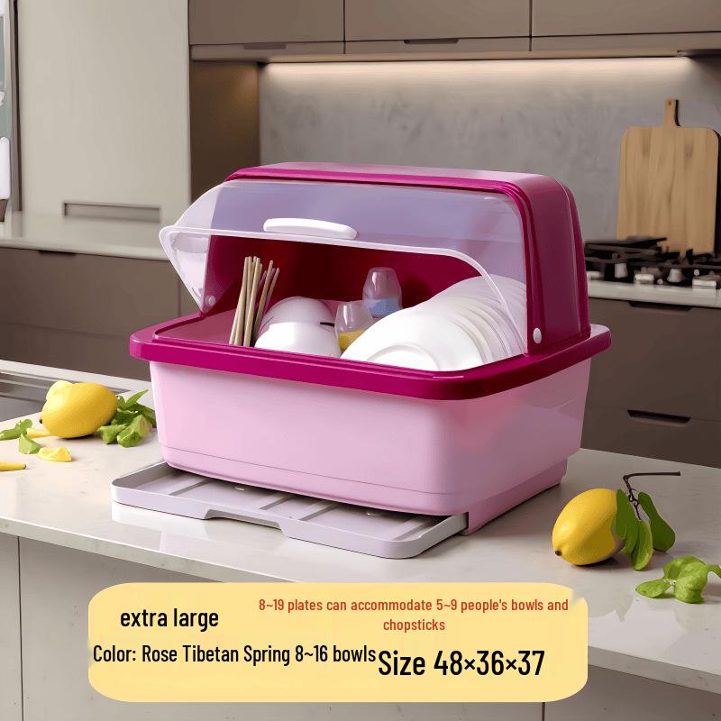 Large Kitchen Cabinet Storage Rack with Lid - Bowl, Plate, and Tableware Organizer with Drawer Drainer.