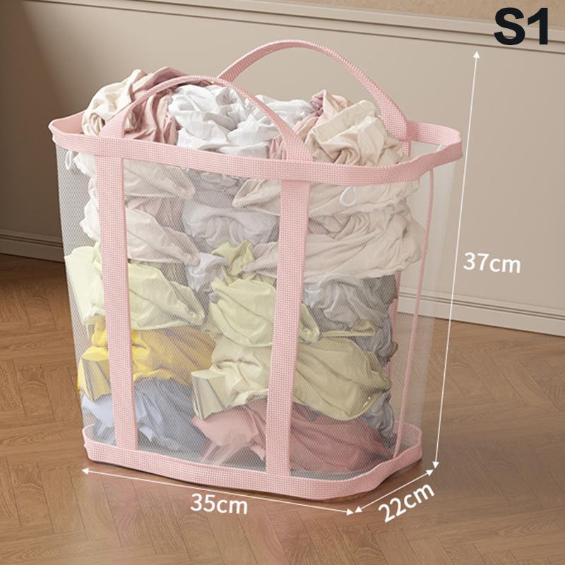 Nylon Mesh Laundry Basket With Handle Breathable Folding Portable Dirty Clothes Organizer Bags Large Capacity Toys Storage Bag