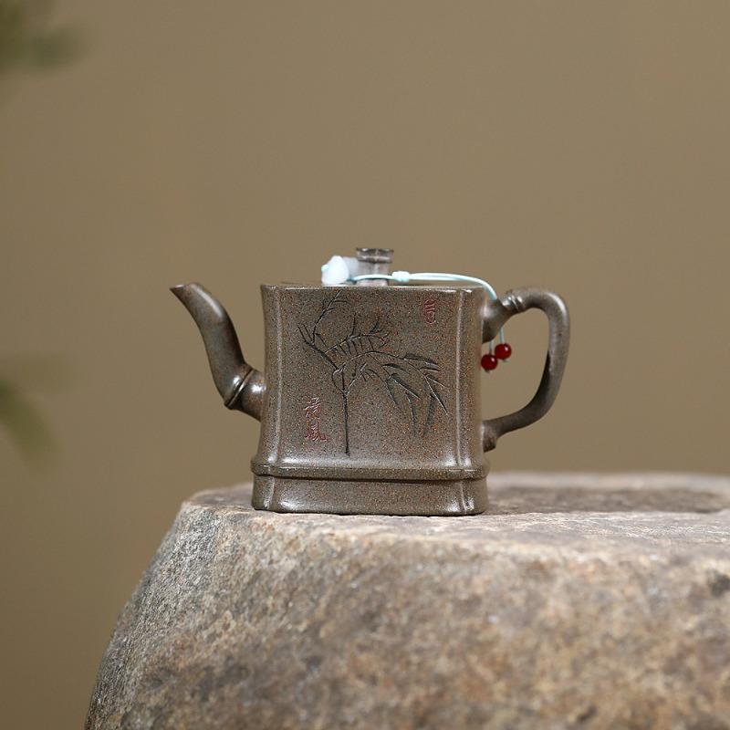 300ml Handmade Yixing Purple Clay Teapots Handmade Square Bamboo Joint Pot Raw Ore Crust Green Mud Kettle Chinese Zisha Tea Set