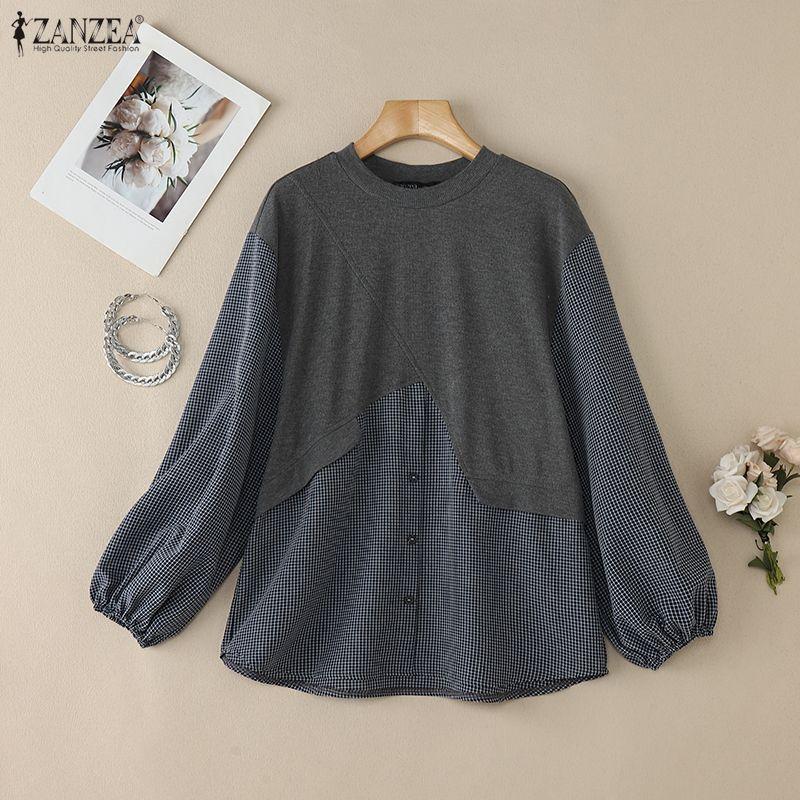 ZANZEA Women Casual Round Neck Long Sleeve Loose Patchwork Blouse
