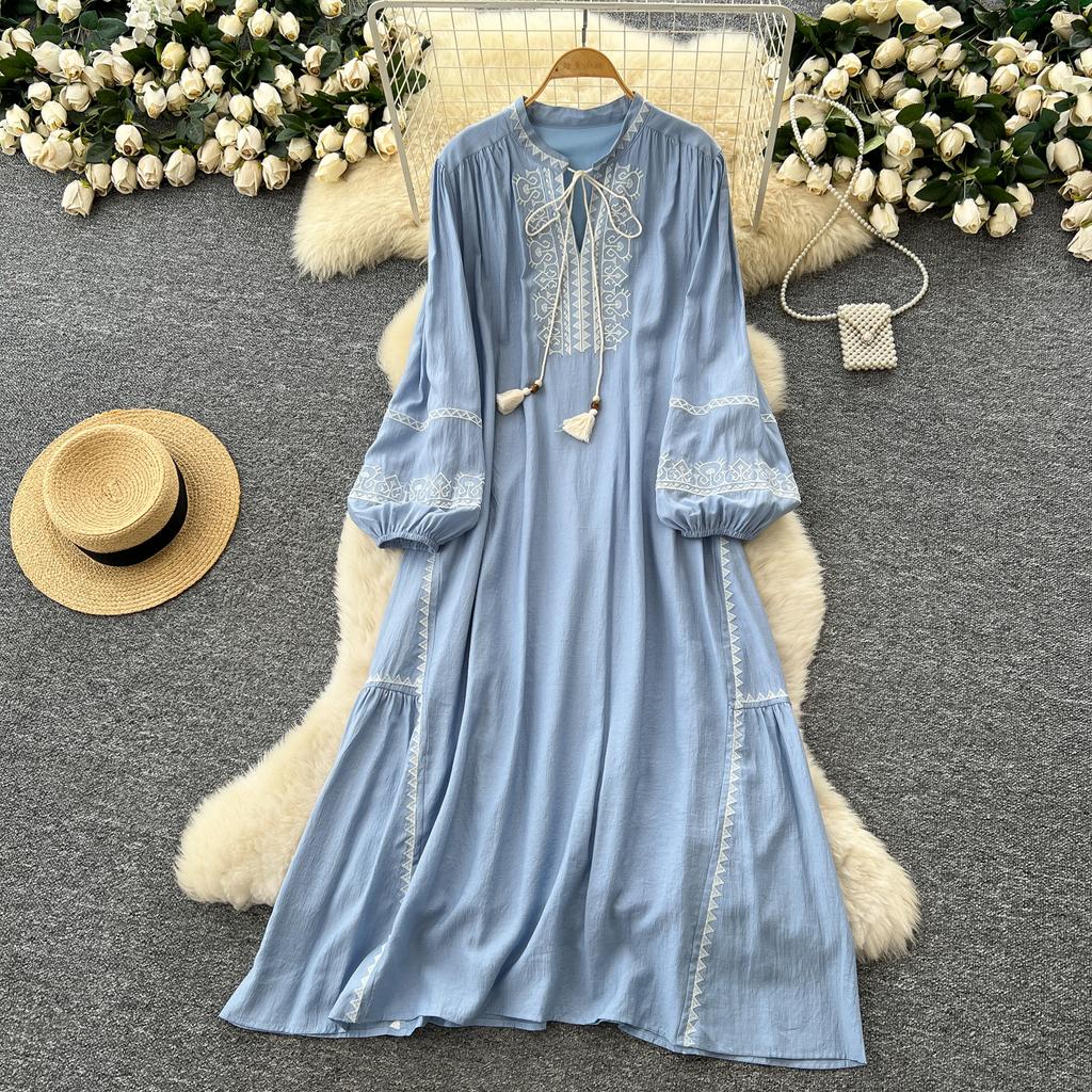 Schickes Vintage Langarm Locker Schlank Elegant Fee Koreanische Mode Boho Sommerkleid Damenbekleidung Langes Kleid