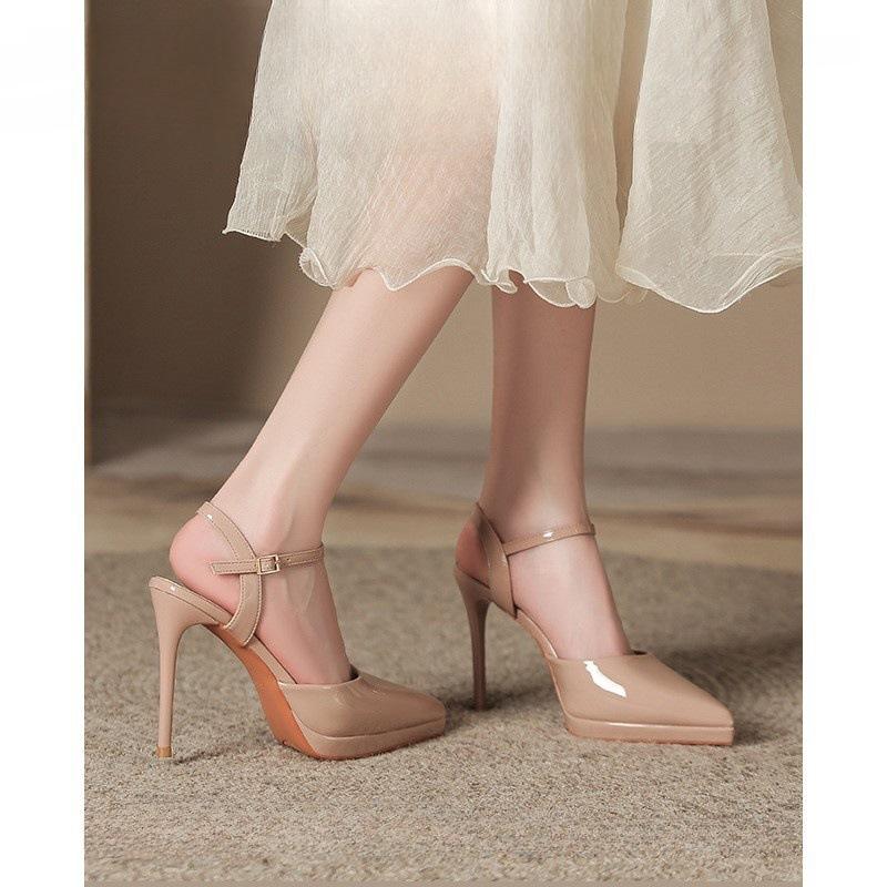 One-word Sandals with Bag Head for Women, New Waterproof Table Stiletto Patent Leather Nude High Heels