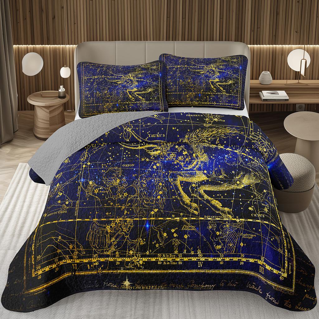 Zodiac Constellation Bedspread Queen/King/Twin Boho Exotic Coverlet Galaxy Star Quilted Bedding Set for Girls Women Room Decor