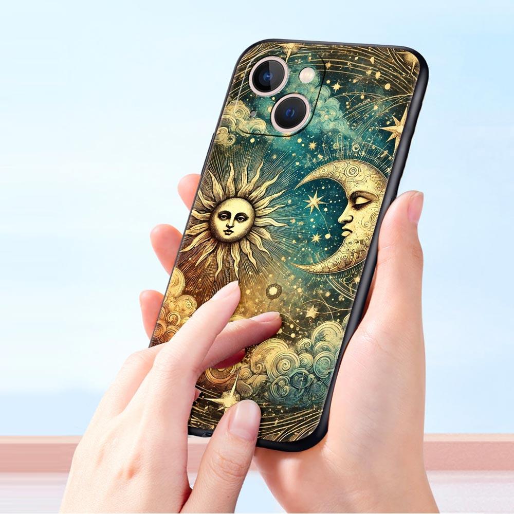 Moon Sun Phone Case For iPhone 17 16 15 Pro Max 11 12 13 14 7 8 Plus SE 2020 X XR XS Cover Soft Black