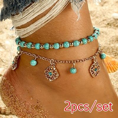 2 Teile/satz Neue Böhmische Türkis Stein Perlen Blau Ziegel Hohle Blume Platte Blume Fußkettchen Strand Fuß Schmuck