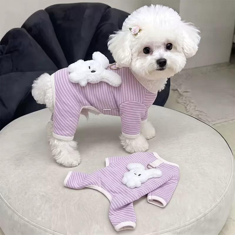 Pet Dog Clothes Autumn and Winter Warm Striped Four-legged Clothes Small Dog Teddy Than Bear Cat Loungewear Belly Protector