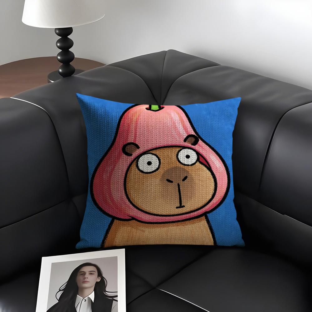 Cute Kicapara Cartoon Cushion Cover Natural Linen Organic Fabric Double-Sided Printing Sofa Home Decor Gift Pillow Case