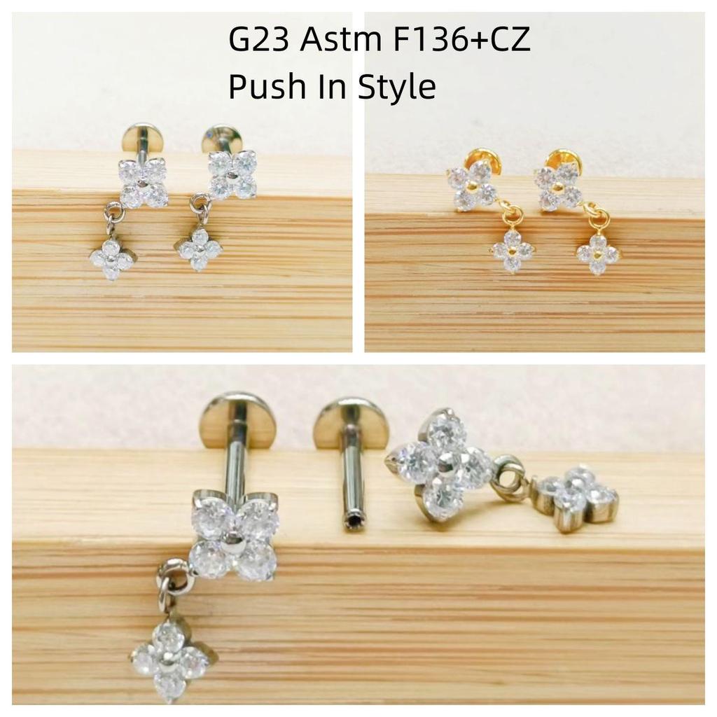 G23 Titanium Push-in Labret Stud with Zircon for Ear Cartilage Piercing