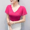 New European Women's T-Shirt Clothes Sexy V-Neck Chic Ruffles Hot Diamonds Tops Shirts Summer Short Sleeve Slim Mesh Tees