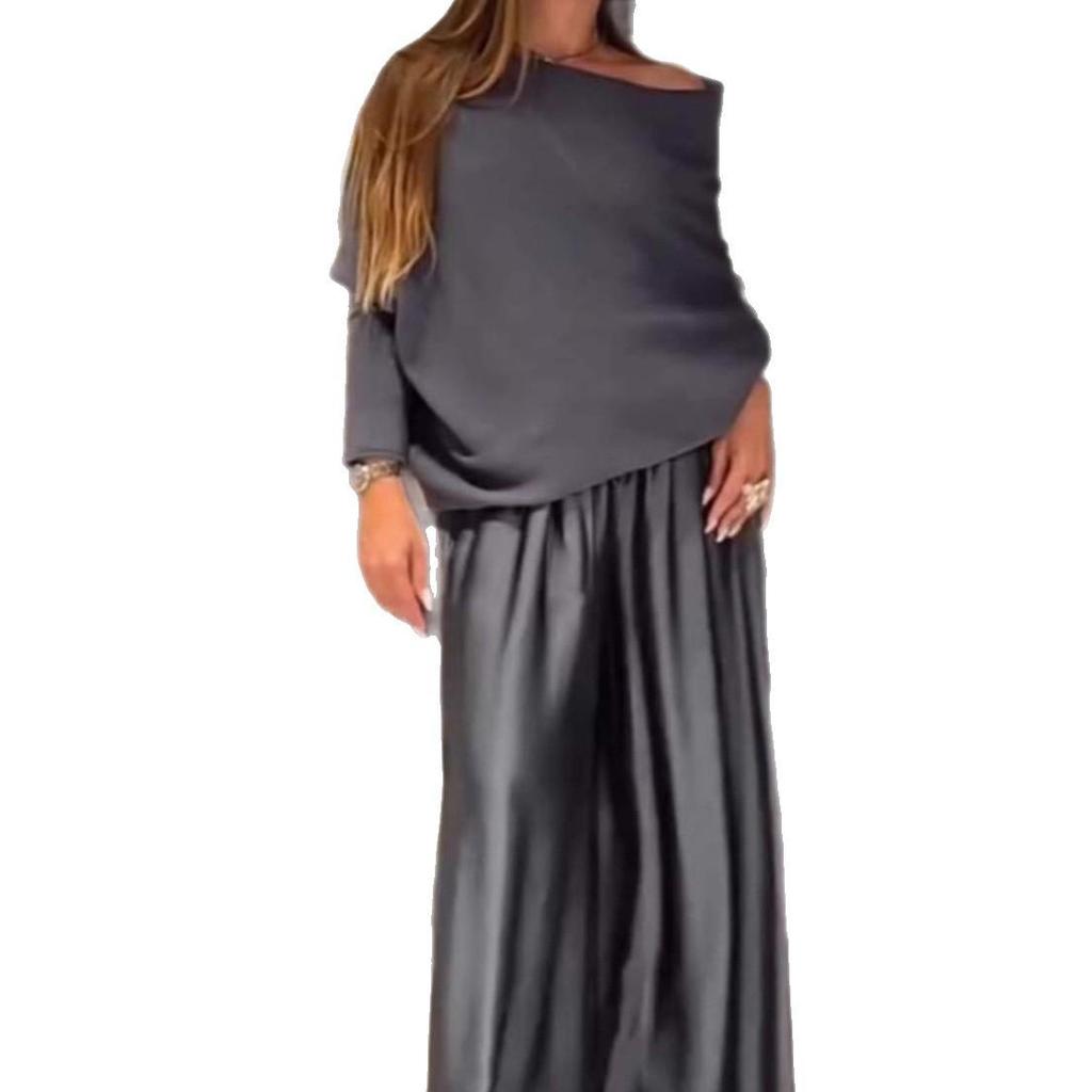 Elegant Off-the-Shoulder Top and Satin Wide-Leg Pants Two-Piece Set 2025