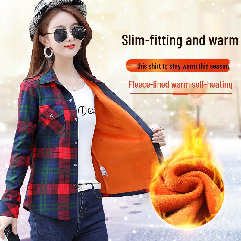 Women's Fleece-Lined Plaid Shirt, Long Sleeve, Warm, Slim Fit, Plus Size, Korean Style for Autumn and Winter.