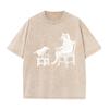 2026 Vintage Washed Grey Cat And Bird Drinking Tea Graphic T Shirt Retro Woodcut Art Print Oversized Casual Short Sleeve Tee