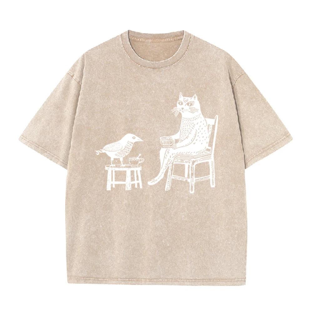2026 Vintage Washed Grey Cat And Bird Drinking Tea Graphic T Shirt Retro Woodcut Art Print Oversized Casual Short Sleeve Tee