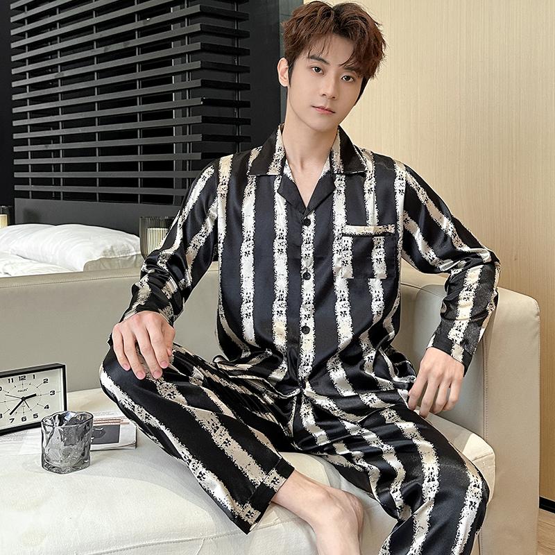 

весна осень Тонкий ледяной шелк Пижама мужская удобная с длинным рукавом большого размера Домашняя одежда пижамы Костюм Подростки Досуг на открытом воздухе Можно носить на улице 4XL чёрный