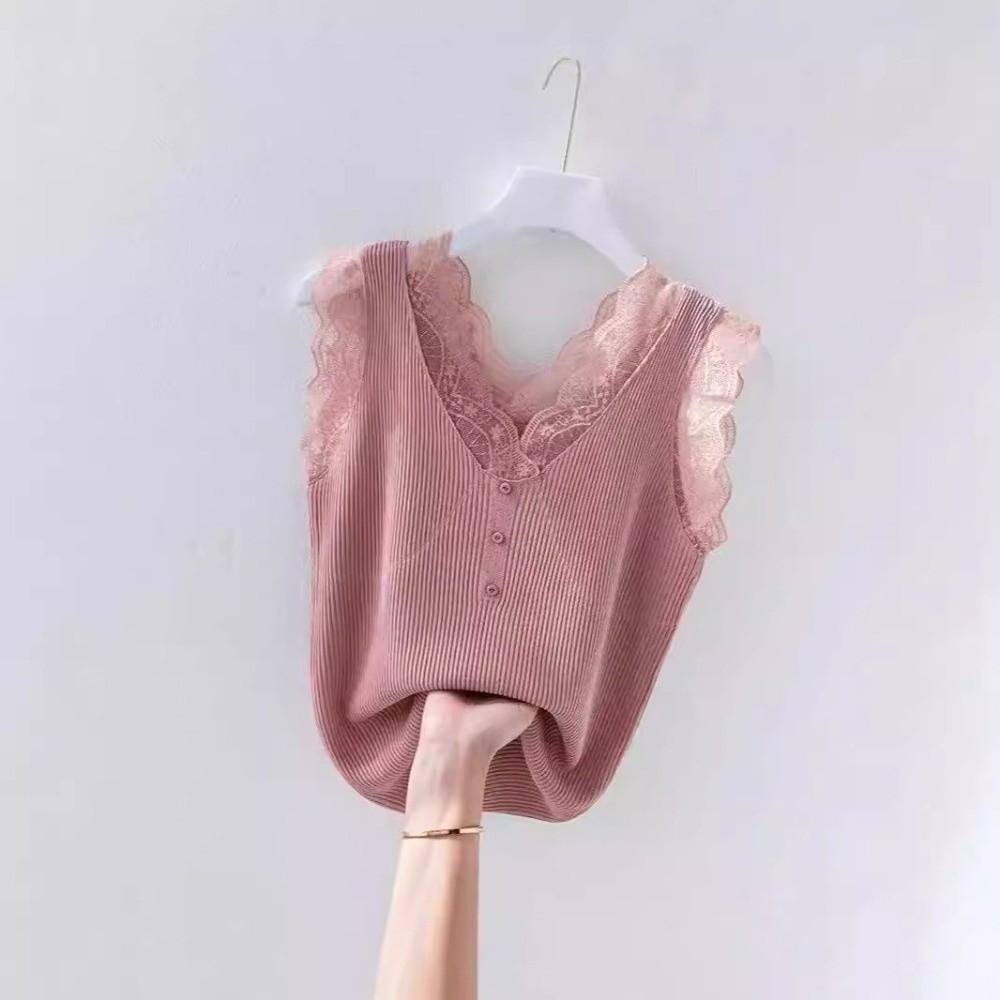 V-Neck Lace Strap Vest Sleeveless Knitted Vest Trend Slimming Base Top  for Women