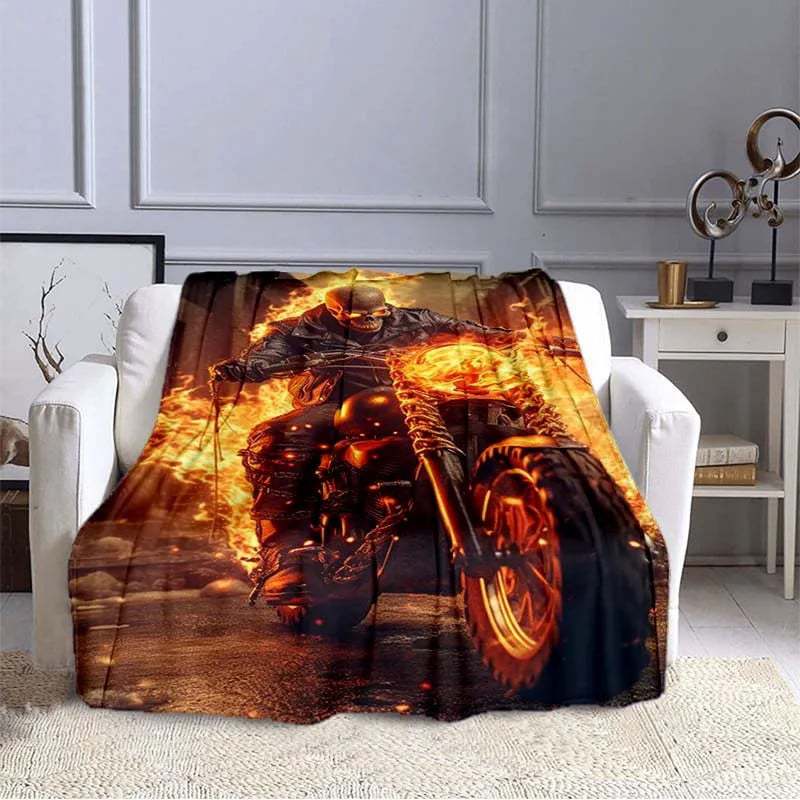 Flame Skeleton Motorcycle digital-printed polyester Bedroom velvet flannel cover blanket Fleece soft cover blankets for beds