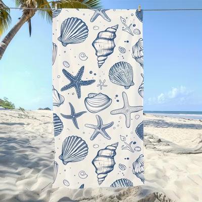 Blau Weiß Muschel Seestern Druck Strandtuch Nautisches Meeresmuster Handtuch Schnelltrocknend Saugfähig Sandfrei für Sommerreisen