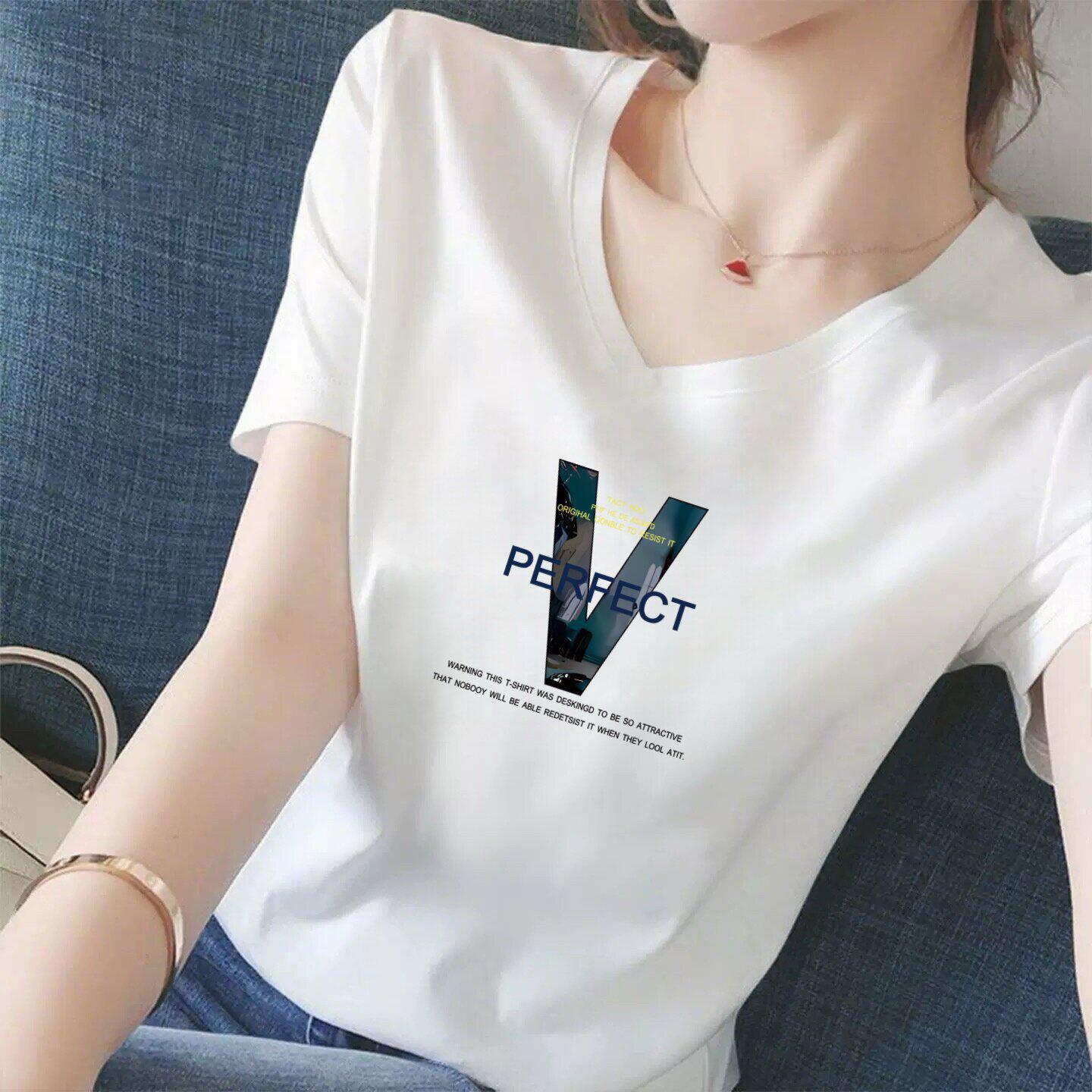 Women s White V-Neck Short-Sleeve T-Shirt: Summer Loose Fit with Letter Print 2XL