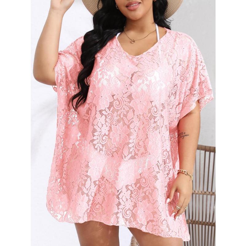 Plus Size Women's Floral Lace Beach Cover Up V Neck Batwing Sleeve Sheer Swimsuit Cover Up Dress