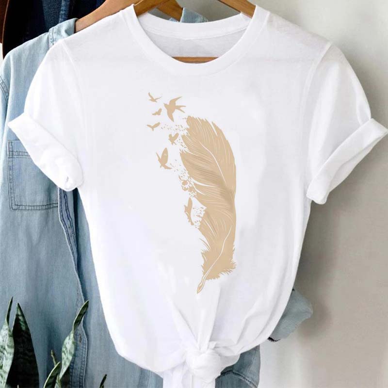 Women's T-shirt Watercolor Feather Graphic Printed T Shirt Women Short Sleeve Tshirt 90s Streetwear Female Clothes Tops