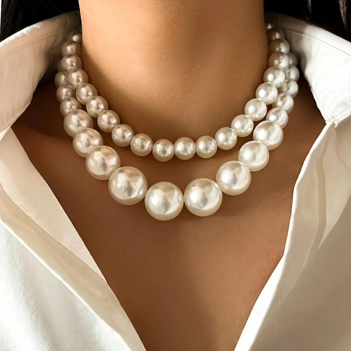 

2Pcs/Set Exaggerated Big Imitation Pearl Clavicle Chain Necklace for Women Wed Bridal Goth Beads Choker Grunge Jewelry Steampunk
