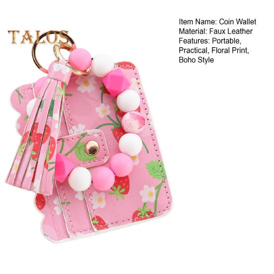 Damski portfelik na nadgarstek, portfel z kwiatowym nadrukiem, koralikowy brelok na nadgarstek z frędzlem, portfel na monety, etui na karty na codzienne wyjścia