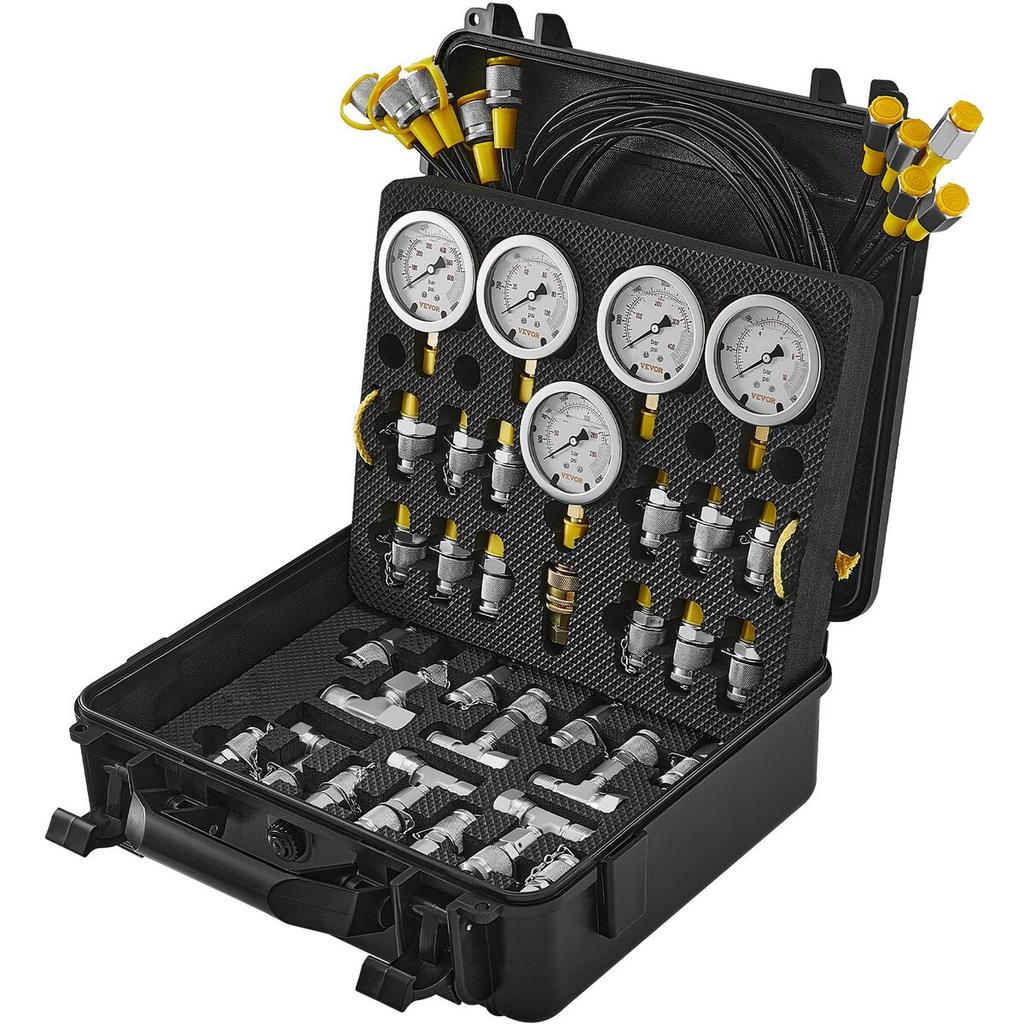 Hydraulic Pressure Test Kit, 10/100/250/400/600bar, 5 Gauges 13 Couplings 14 Tee Connectors 5 Test Hoses, Excavator Hydraulic Test Gauge Set with