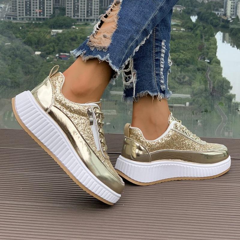Large size sequined platform casual sneakers for women's spring and autumn new lace-up bright leather single shoes for women