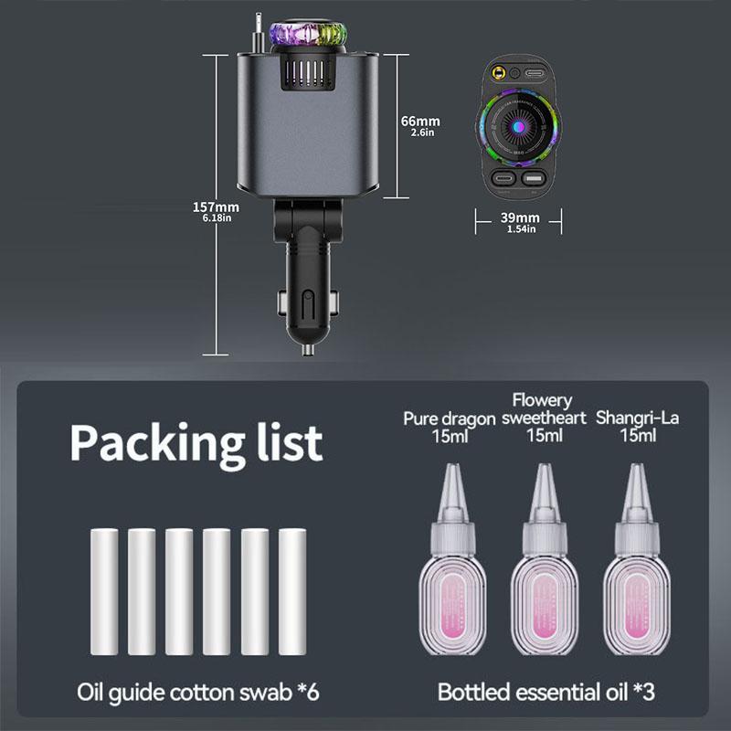 

Автомобильное зарядное устройство 5-в-1 PD 45 Вт, адаптер питания USB Type-C, выдвижное устройство для быстрой зарядки телефона с потолочной подсветкой «звездное небо», аромадиффузор для освежения воздуха чёрный