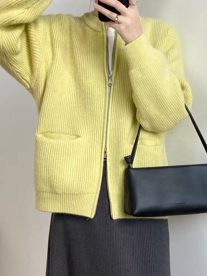 Double zipper solid color design sweater cardigan women's spring and autumn new Korean loose casual knitted sweater women