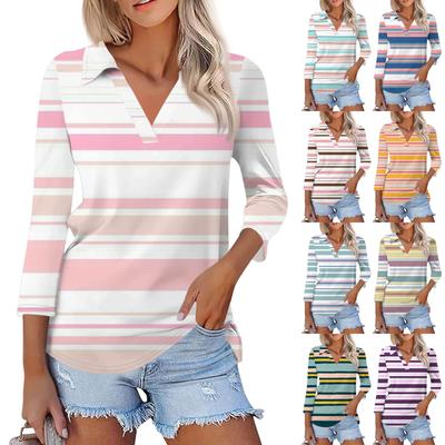 Women's Summer Fashion Casual Printed V-Neck Seven Sleeve Shirt Top