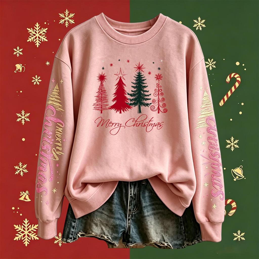 Women's Long Sleeve Christmas Print Crewneck Pullover Sweatshirt for Holiday Casual Wear