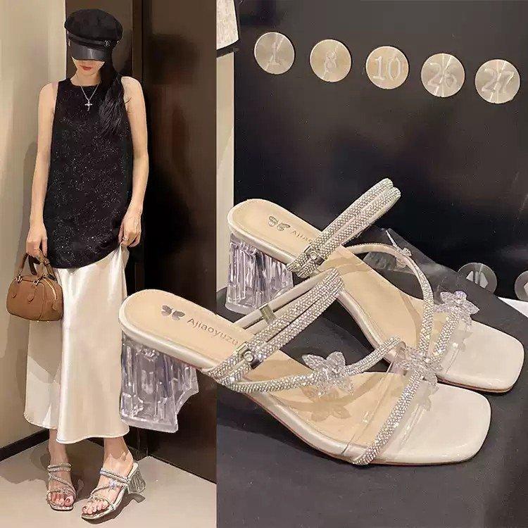 Rhinestone high-heeled slippers for women's outerwear 2025 summer new fashion bow crystal thick heel with skirt cool slippers