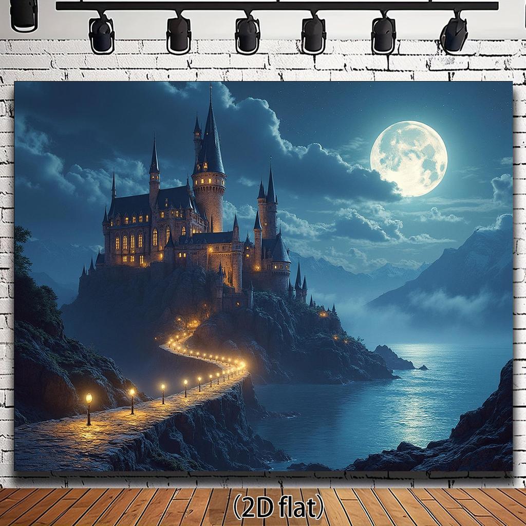 2D 1-piece Moon Castle with Mountain and Night Sky Background Fabric suitable for theme parties weddings and birthdays