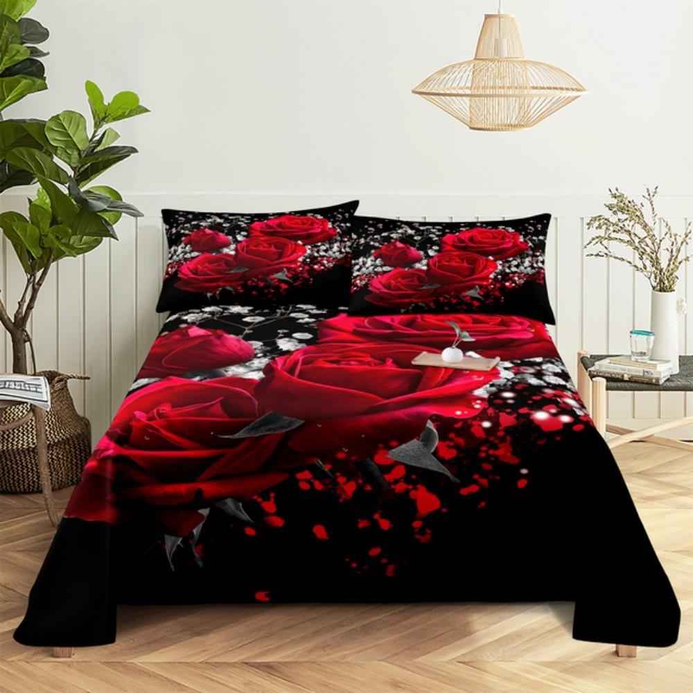 Pink Rose Bed Sheet Sets 3D Print Flowers Bed Flat Sheet for Women Girls King Queen Full Twin Size 2/3pcs Bed Linen Room Decor