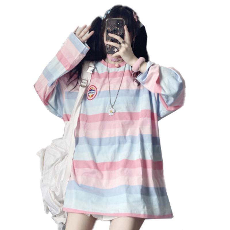 Autumn New Long Sleeved T-Shirt Women'S Top Korean Stripe Loose Student Bottoming Shirt Women'S Dress