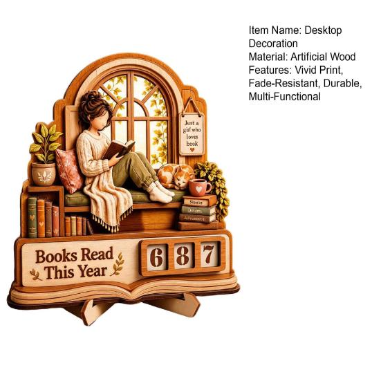 Motivational Reading Challenge Sign Book Read This Year Tracker, 3D Layered Wooden Window Handcrafted Room Accent Piece Girl Count Stand with