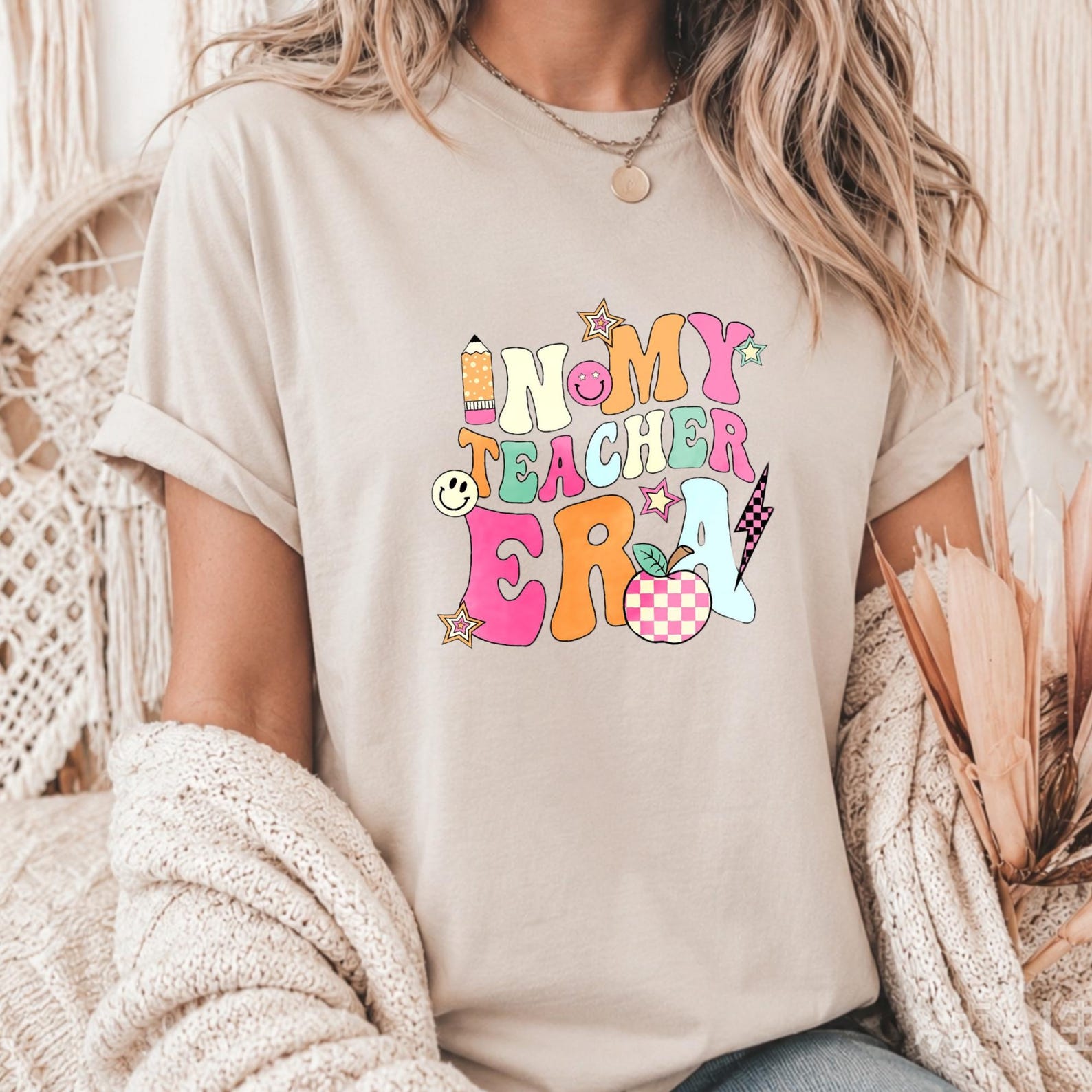 In My Teacher Era Retro Bubble Letter Graphic Tee, Pastel Checker Apple Pencil Top, Trendy Educator Cotton Shirt,Back To School Teacher Gift S