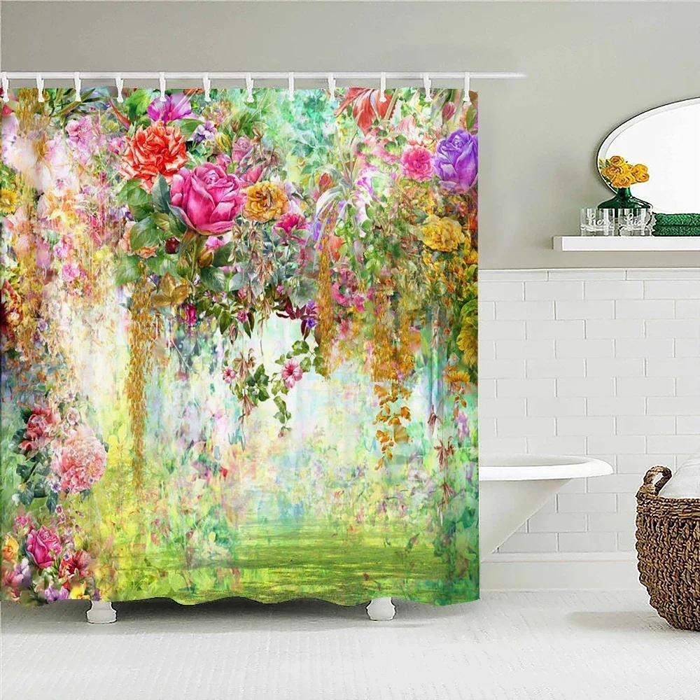 Retro Blooming Flowers Shower Curtains Bathroom Curtains Waterproof Polyester Bath Curtain with 12 Hooks Shower Curtain