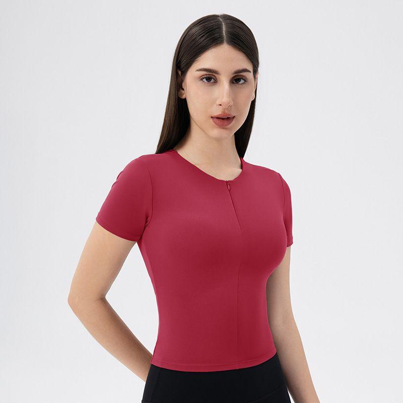 Foreign Trade Belt Chest Pad Yoga Clothes Short Sleeve Front Zipper Tight Fitness Top Nude Feel High Elastic Sports Running T-shirt Women
