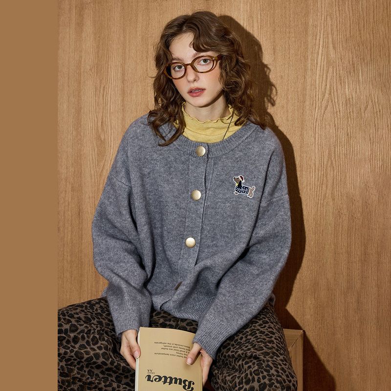 Coolhut Simple Soft and Lazy Style Puppy Embroidery Stereo Sweet and Cool Autum Women's Knitted Cardigan