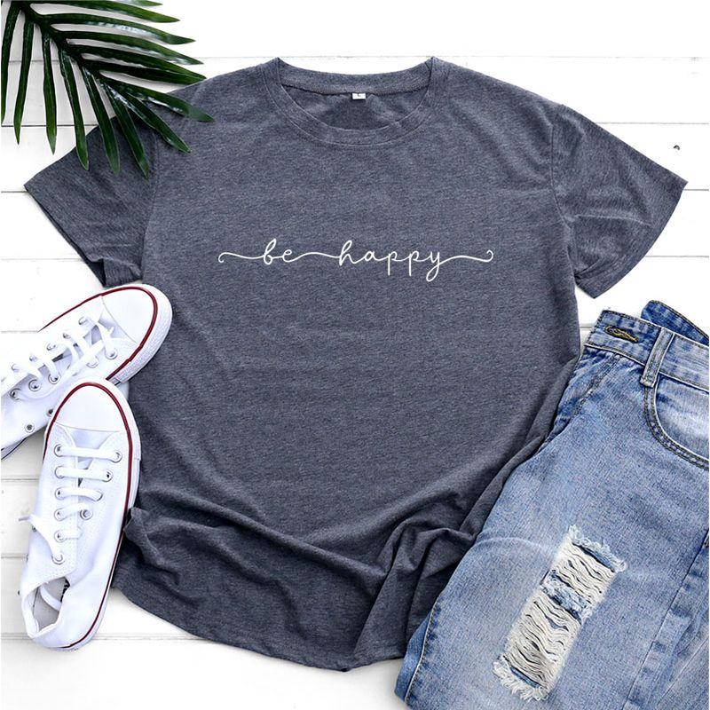 

In Stock European and American Women s Clothing Be Happy Women T-shirt Tee Casual Short Sleeve T-Shirt Women Girlfriends Clothes Dark gray white picture XL
