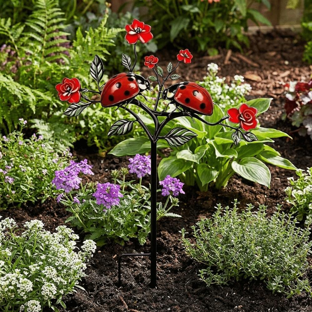 2D Flat Flower Branch Ground Plug Handmade Metal Garden Stake Garden Ornament Home Courtyard