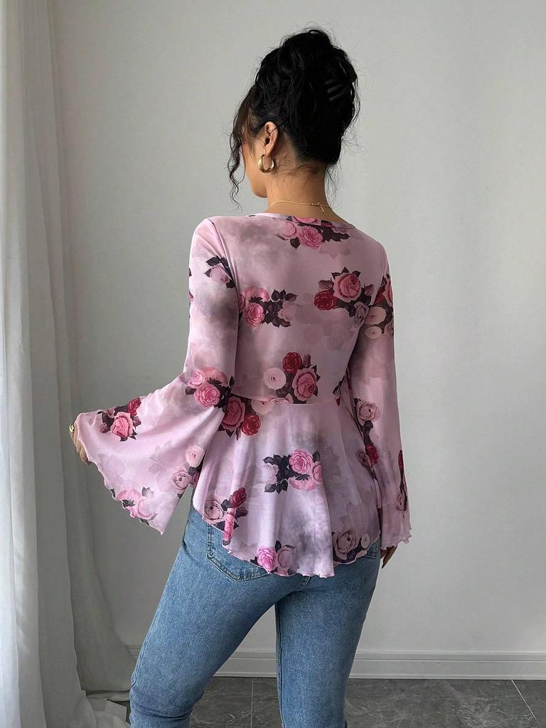 French Floral Asymmetrical Hem Mesh Shirt - Elegant, Sexy, Casual Vacation Top