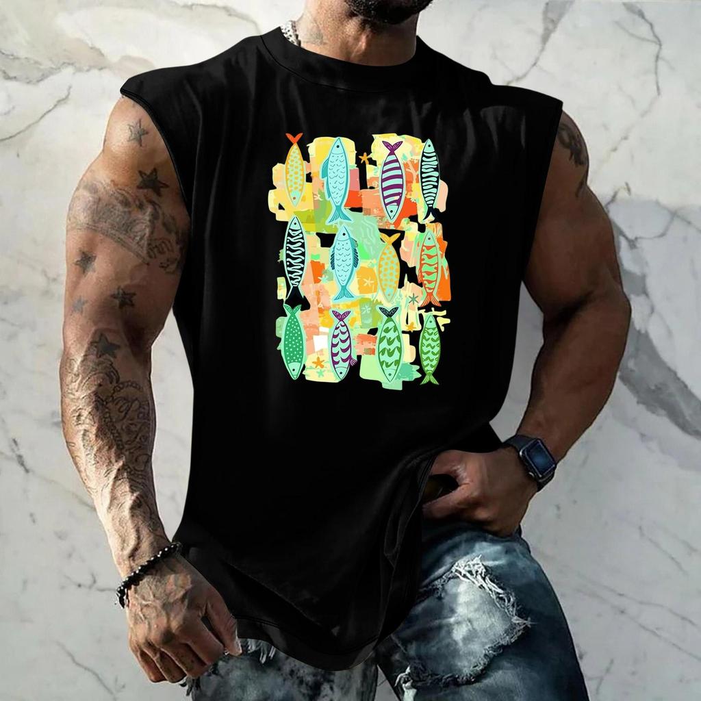 Men's Sleeveless Tank Top Loose Fit Vintage Texture Breathable Muscle Shirt Summer Streetwear Casual Daily Wear Printed Vest