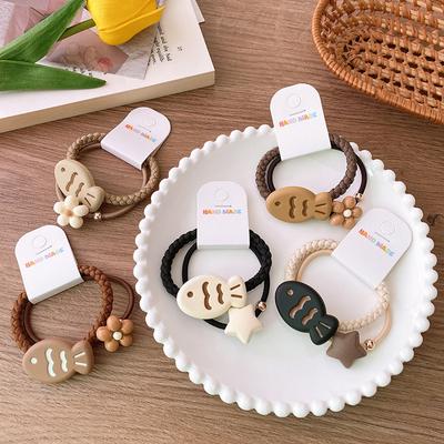 2 Sets of Sweet Milk Tea Color Cartoon Fish Flowers Stars Scrunchie Simple Everything High Elastic Hair Rope Girl Hair Accessories